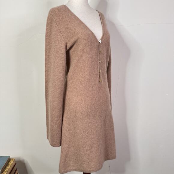 Naadam 100% Cashmere Mini Sweater Dress Sand Beige Size L NWT Button Minimalist - Picture 7 of 9